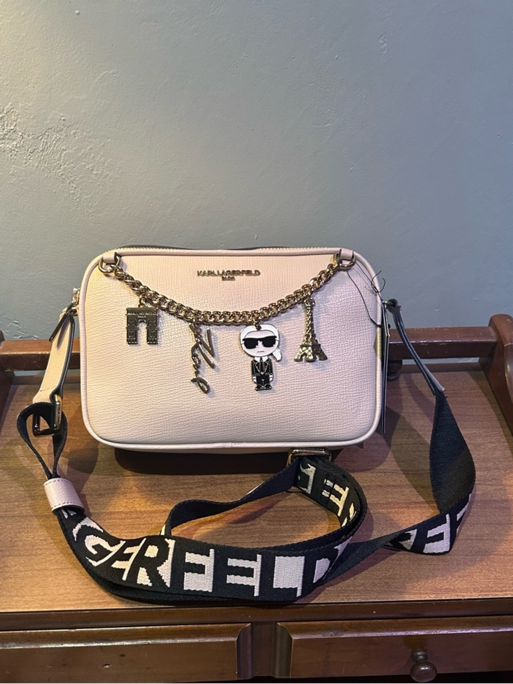 Karl Lagerfeld Paris Maybelle Beige Camera Crossbody Bag With Charm Chain NWTS